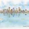 Miami skyline #580A pen & ink cityscape watercolor with it's reflection in Biscayne Bay.