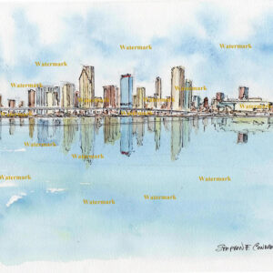 Miami skyline #580A pen & ink cityscape watercolor with it's reflection in Biscayne Bay.