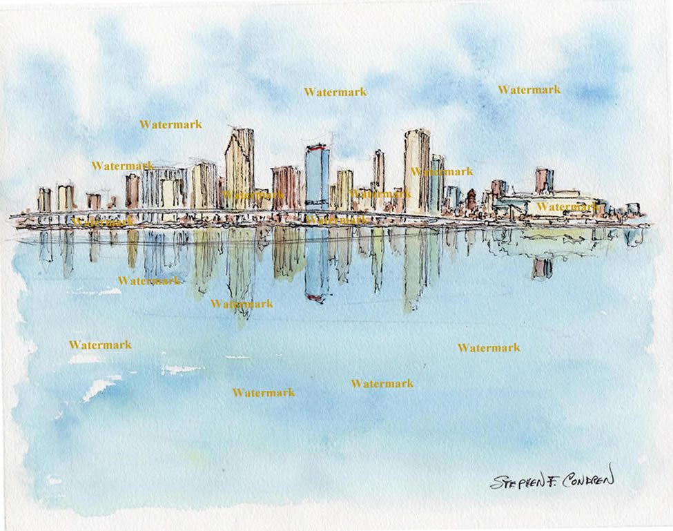 Miami skyline watercolor painting of downtown on Biscayne Bay.