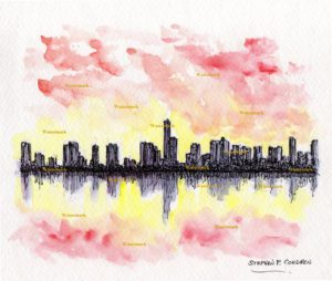 Watercolor skyline painting of downtown Miami at sunset.