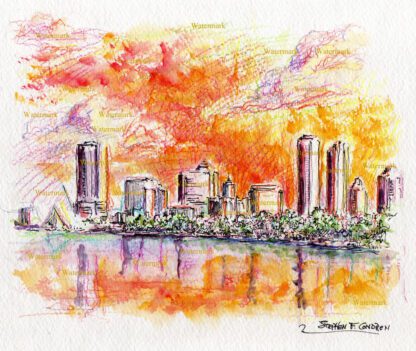 Milwaukee skyline #2672A pen & ink, color pencil, cityscape watercolor at sunset with large cumulous clouds.