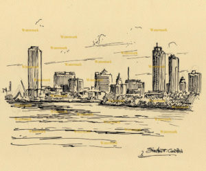 Milwaukee skyline pen & ink line drawing of downtown on the lake.