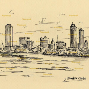 Milwaukee skyline #2675A pen & ink cityscape drawing on Lake Michigan.