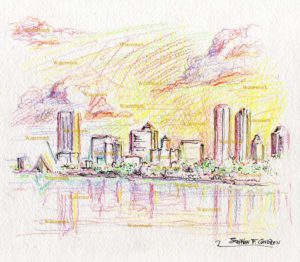 Milwaukee skyline color pencil line drawing of downtown at sunset.