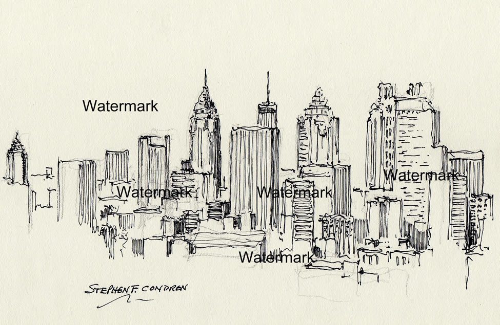 Atlanta skyline pen & ink drawing of downtown skyscrapers.