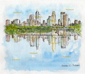 Minneapolis skyline watercolor painting of downtown.