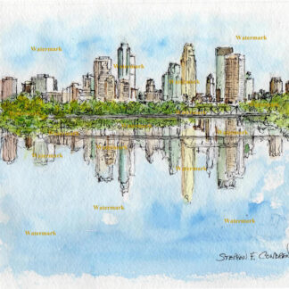 Minneapolis skyline #594A pen & ink cityscape watercolor with it's reflection in the water.