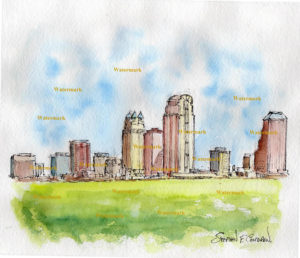 Orlando skyline watercolor painting of downtown.