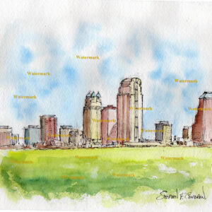 Orlando skyline #595A pen & ink cityscape watercolor with fine architectural details.