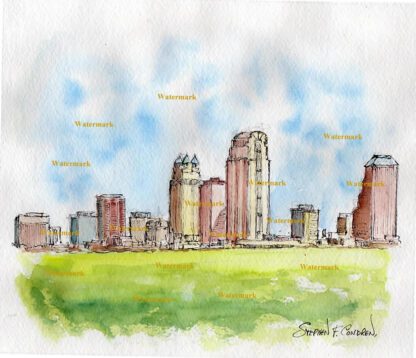 Orlando skyline #595A pen & ink cityscape watercolor with fine architectural details.