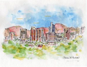 Phoenix skyline watercolor painting of downtown with mountains.