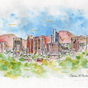 Phoenix skyline #622A pen & ink cityscape watercolor with a view of the Sierra Estrella Mountains in the background.