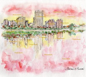 Richmond skyline watercolor painting of downtown at sunset.