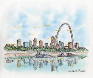 St. Louis skyline watercolor painting of downtown on the Mississippi.