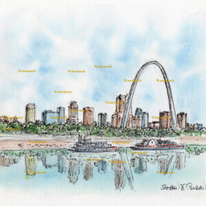 St Louis skyline #587A pen & ink cityscape watercolor reflecting in the Mississippi river.