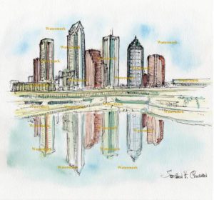 Tampa skyline watercolor painting of downtown on the coast.
