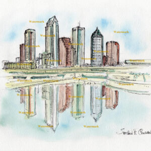 Tampa skyline #585A pen & ink cityscape watercolor reflecting in the water of the bay.