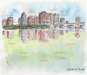 West Palm Beach skyline watercolor painting of downtown.