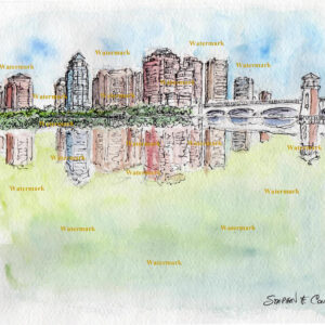 West Palm Beach #604A pen & ink cityscape skyline watercolor with reflection in the water.