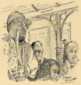 Pen & ink drawing of passengers in a San Francisco trolley car.