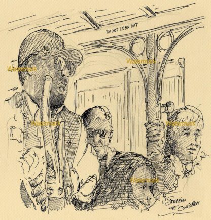 San Francisco trolley #901A pen & ink city scene drawing of passengers riding inside cabin.
