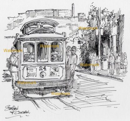 San Francisco trolley #906A pen & ink city scene drawing of passengers seated inside the cabin.