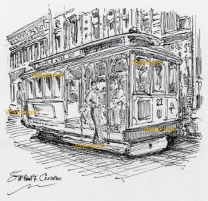 Pen & ink line drawing of passengers riding on a San Francisco Trolley.