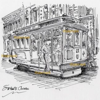 San Francisco trolley #907A pen & ink city scene drawing of passengers riding at the door steps.
