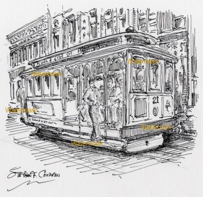 San Francisco trolley #907A pen & ink city scene drawing of passengers riding at the door steps.