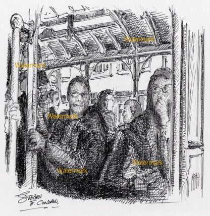 San Francisco trolley #909A pen & ink city scene drawing of passengers sitting inside car.
