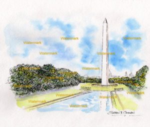 Washington Monument watercolor painting with pen & ink lines.