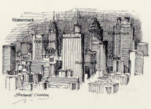 Atlanta skyline night pen & ink drawing
