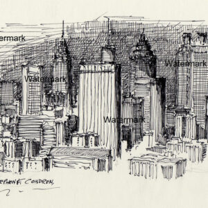 Atlanta skyline #825A pen & ink drawing is popular because of it's downtown nighttime scene.