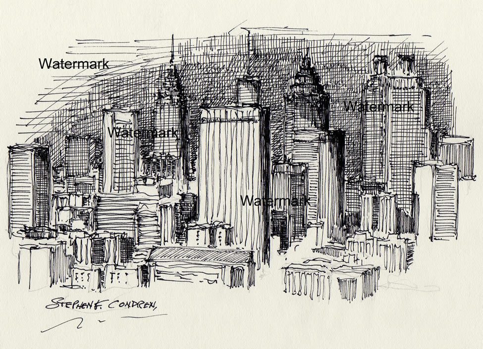 Atlanta skyline #825A pen & ink drawing is popular because of it's downtown nighttime scene.