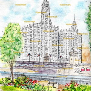Wrigley Building #120A pen & ink landmark watercolor landmark on the Chicago River.