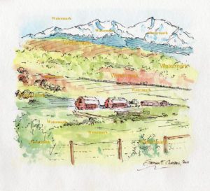 Colorado watercolor landscape painting of Rocky Mountains and fields.