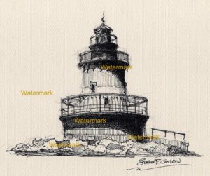 Pen & ink line drawing of Plum Beach Lighthouse on the coast.