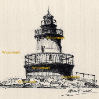 Pen & ink line drawing of Plum Beach Lighthouse on the coast.