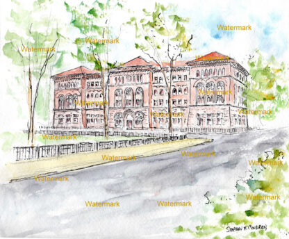 Newberry Library #320A pen & ink landmark watercolor with red tile room, and brownstone architecture.