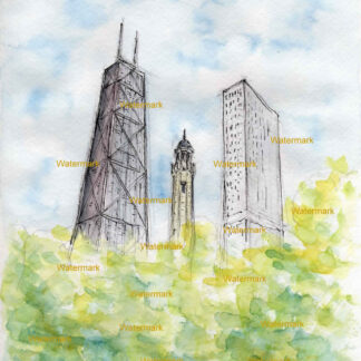 Chicago Water Tower #200A pen & ink landmark watercolor with view of its limestone standpipe.