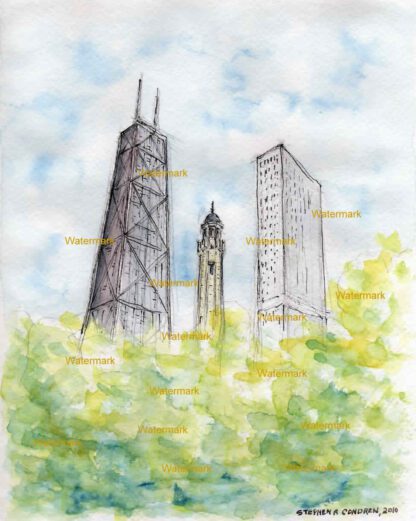 Chicago Water Tower #200A pen & ink landmark watercolor with view of its limestone standpipe.