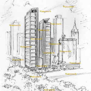 Chicago skyline #207A pen & ink city scene drawing with a view of North Lake Shore Drive.