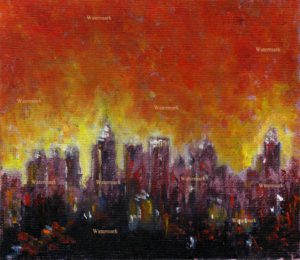 Atlanta skyline oil painting of downtown at night.