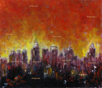Atlanta skyline oil #2878A cityscape painting of downtown at nighttime with crimson sky.