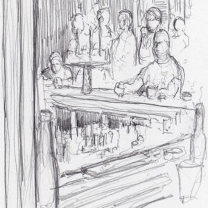 Bar scene #2990A pencil tavern drawing of a man sitting with a drink over the counter.