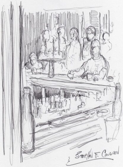 Bar scene #2990A pencil tavern drawing of a man sitting with a drink over the counter.