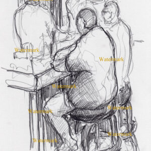 Bar scene #2991A pencil tavern drawing of two men seated drinking and talking.