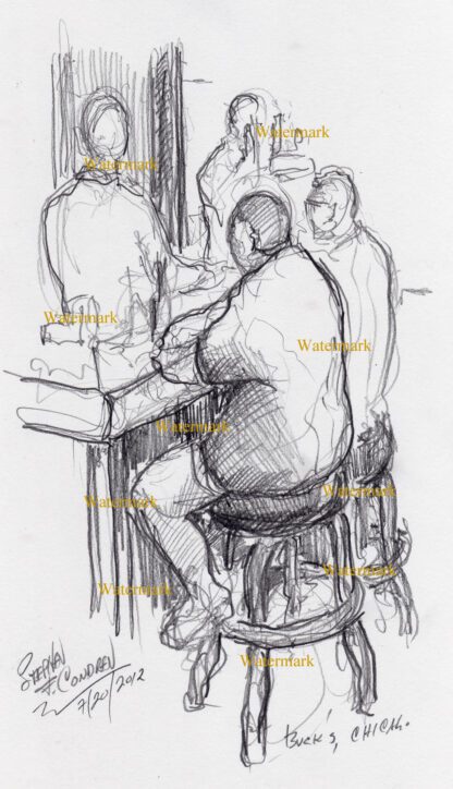 Bar scene #2991A pencil tavern drawing of two men seated drinking and talking.
