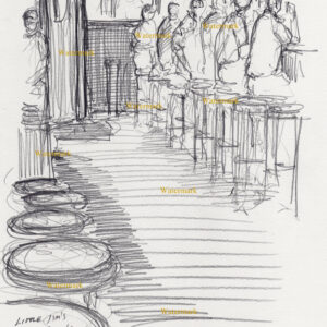 Bar scene #3010A pencil tavern drawing of men sitting on stools at a bar on Halsted Street in Chicago.