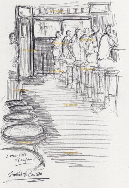 Bar scene #3010A pencil tavern drawing of men sitting on stools at a bar on Halsted Street in Chicago.